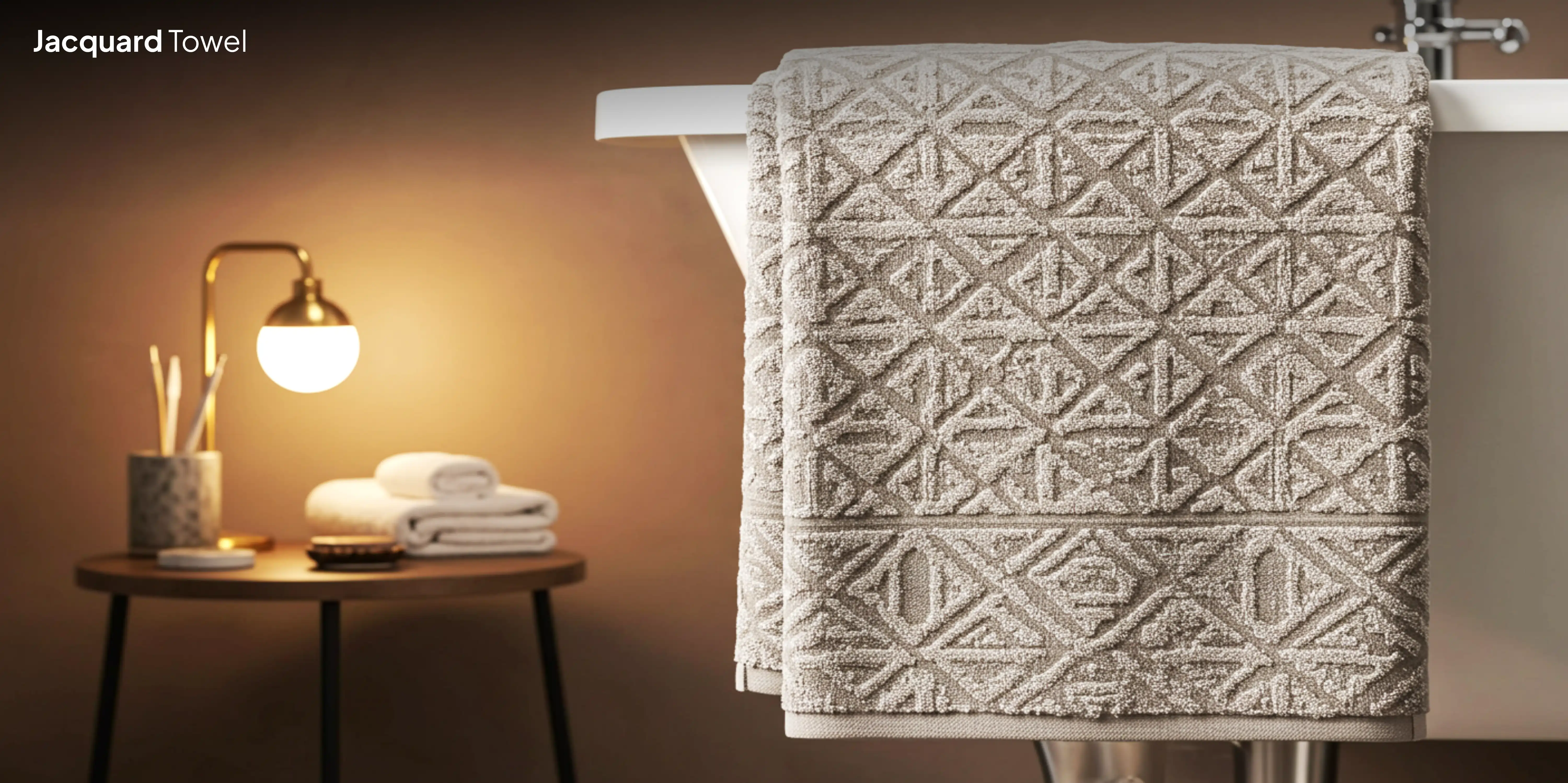 Beige jacquard towel on bathtub edge